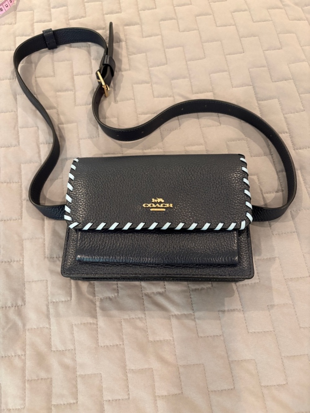 Coach Blue Leather Convertible Belt Bag/Crossbody with Whipstitch and Gold Logo